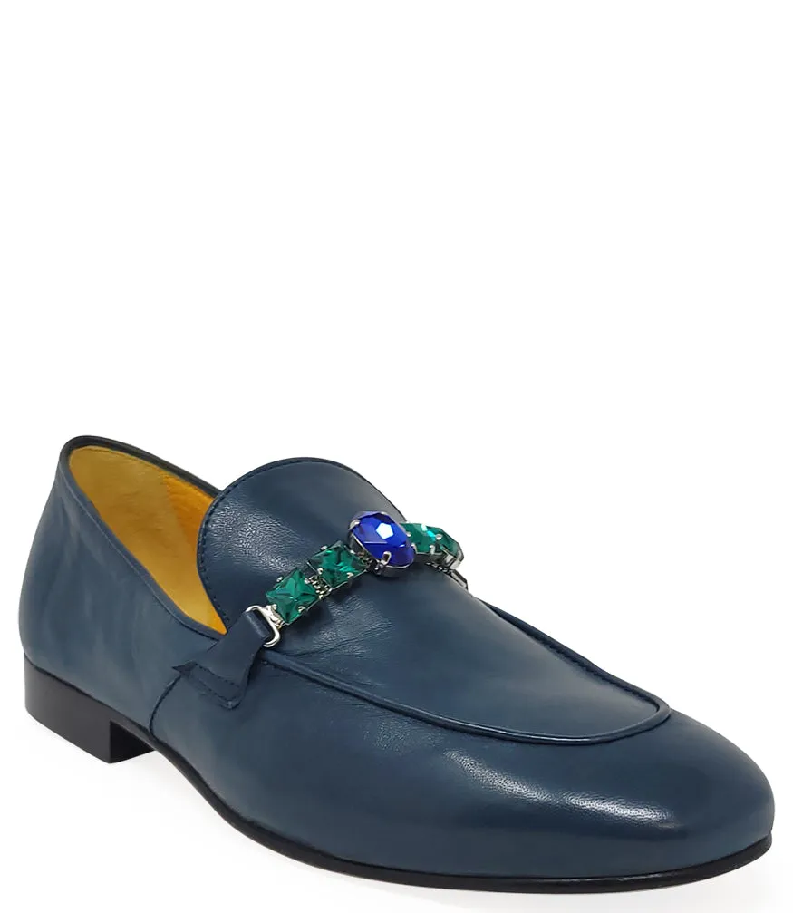 Blue Leather Flat Jeweled Loafer