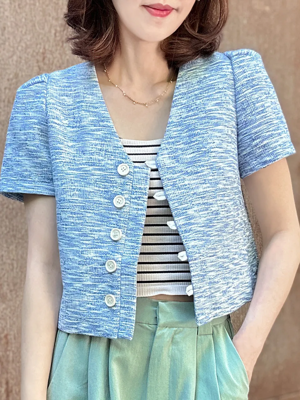 Blue Puff Shoulder V-neck Little Crop Tweed Jacket