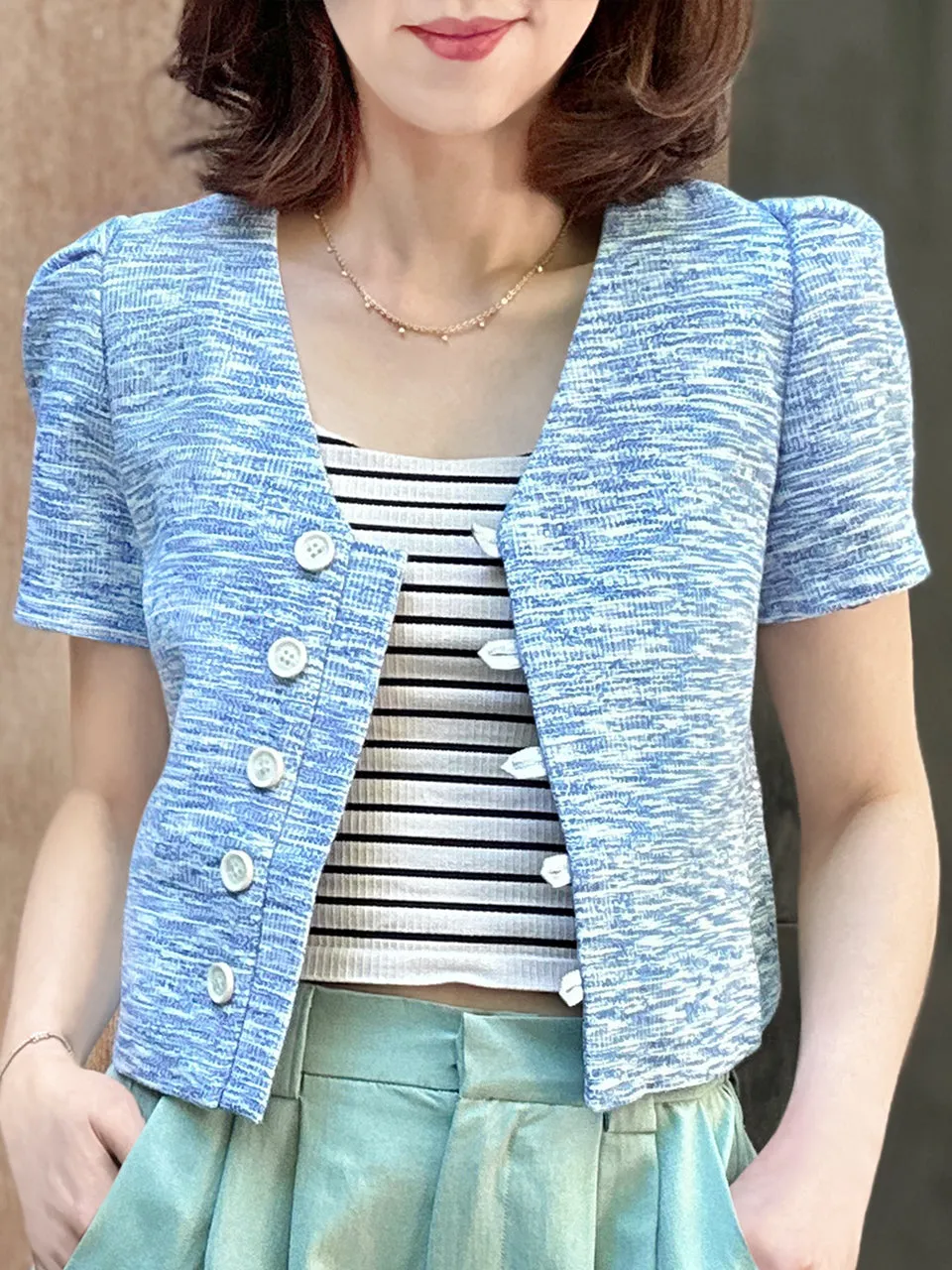 Blue Puff Shoulder V-neck Little Crop Tweed Jacket