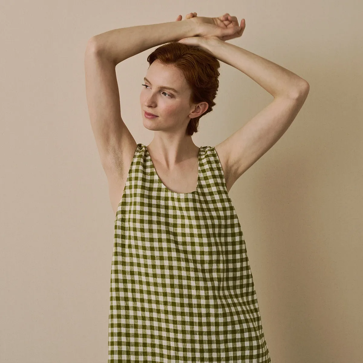 Botanical Green Gingham Linen Night Dress