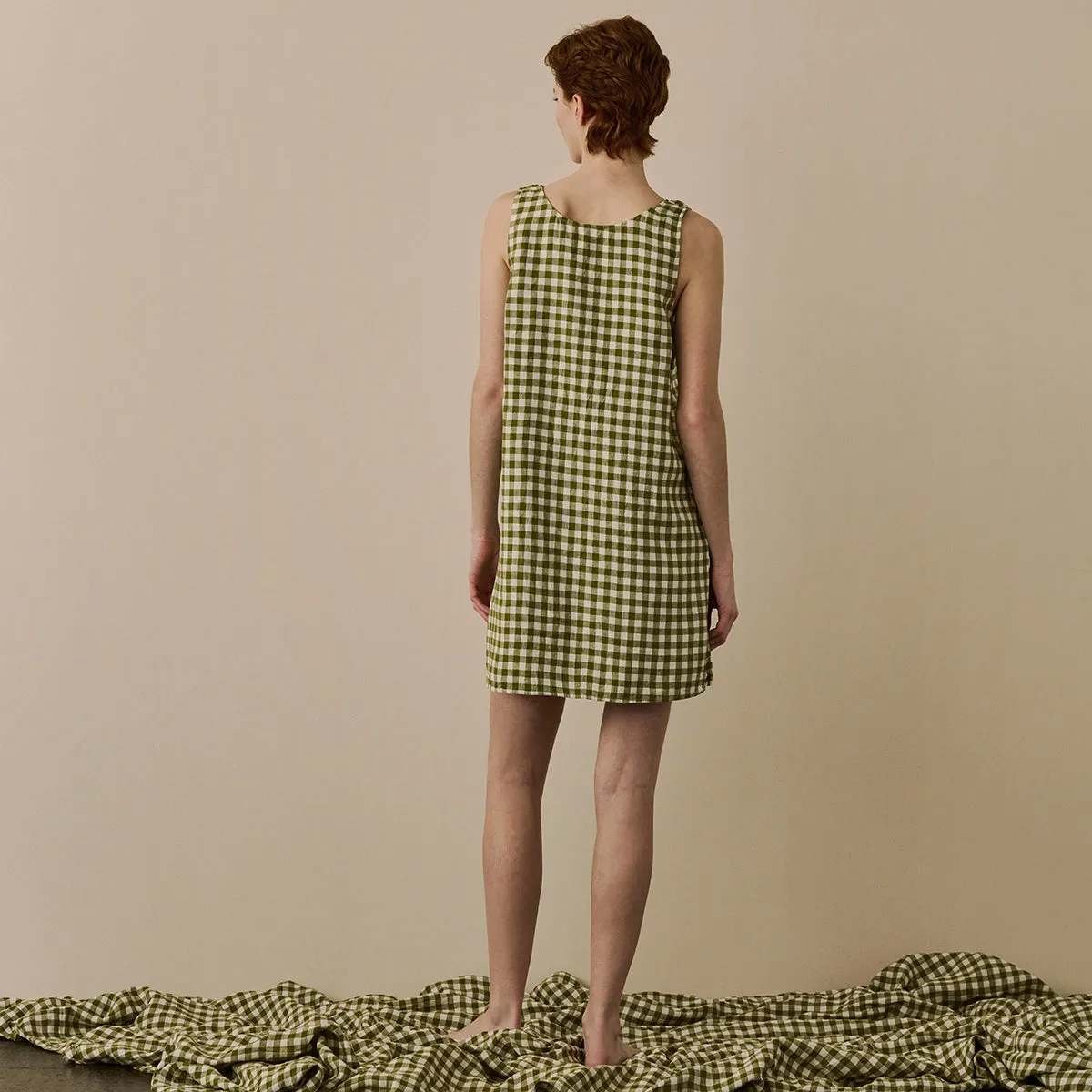 Botanical Green Gingham Linen Night Dress