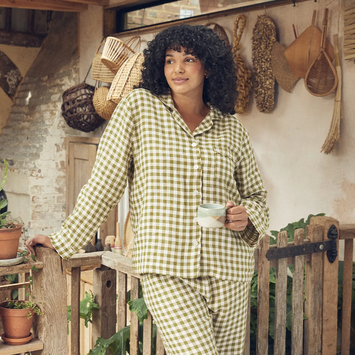 Botanical Green Gingham Linen Pyjama Shirt