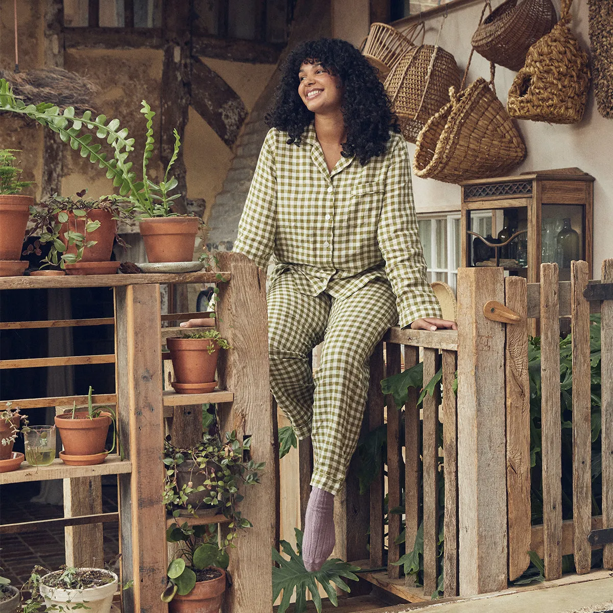 Botanical Green Gingham Linen Pyjama Trouser Set