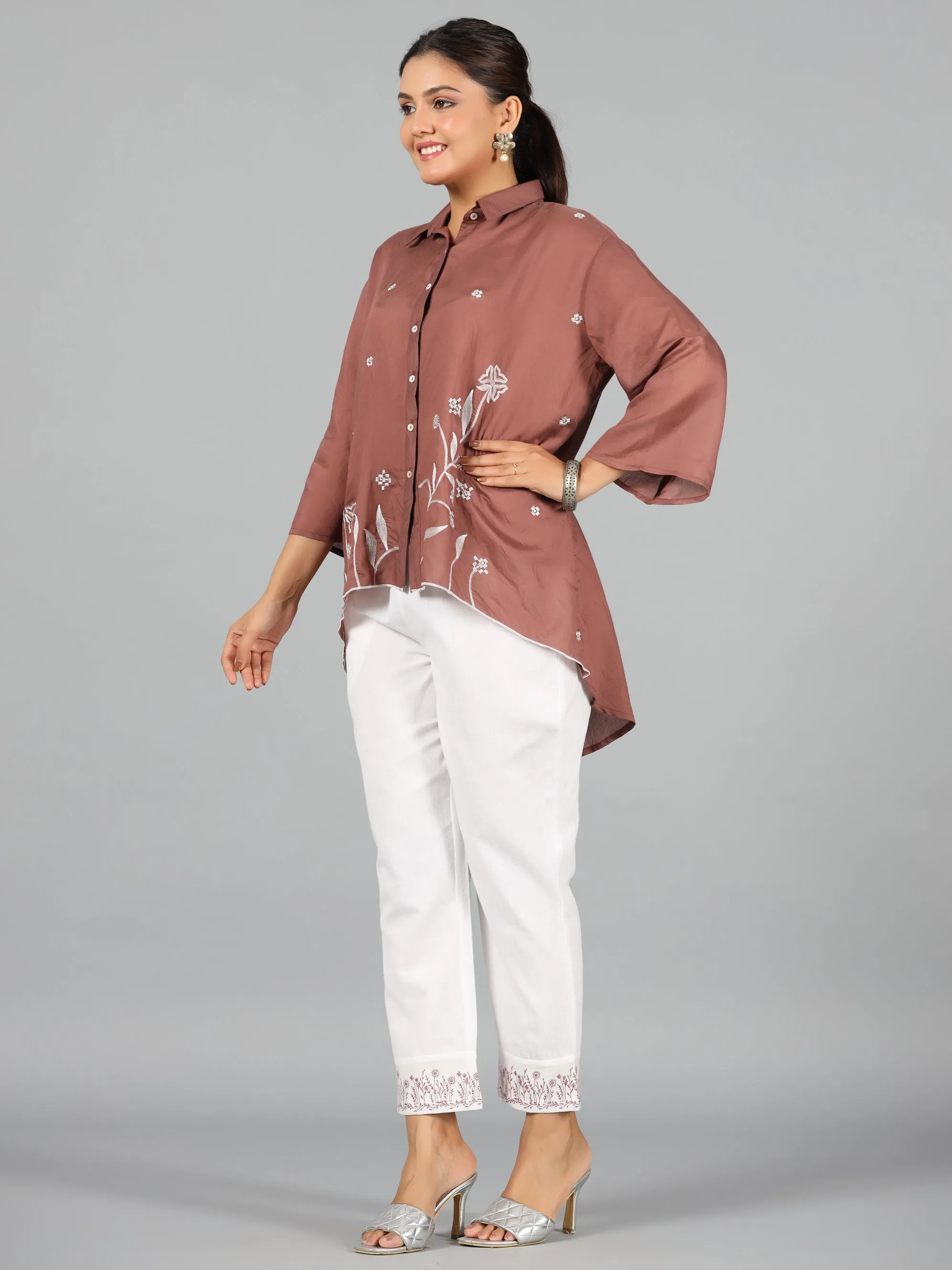 Brown Fuchsia Chanderi Embroidered Clothing Set