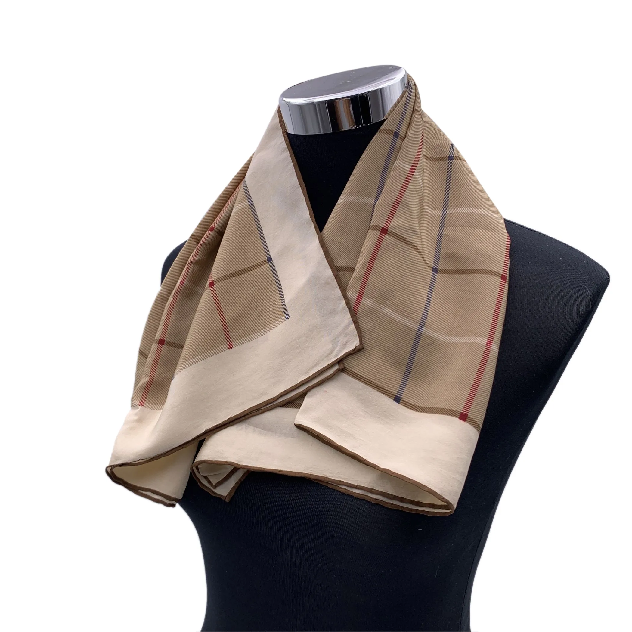 Burberry Vintage Beige Check Pattern Silk Scarf