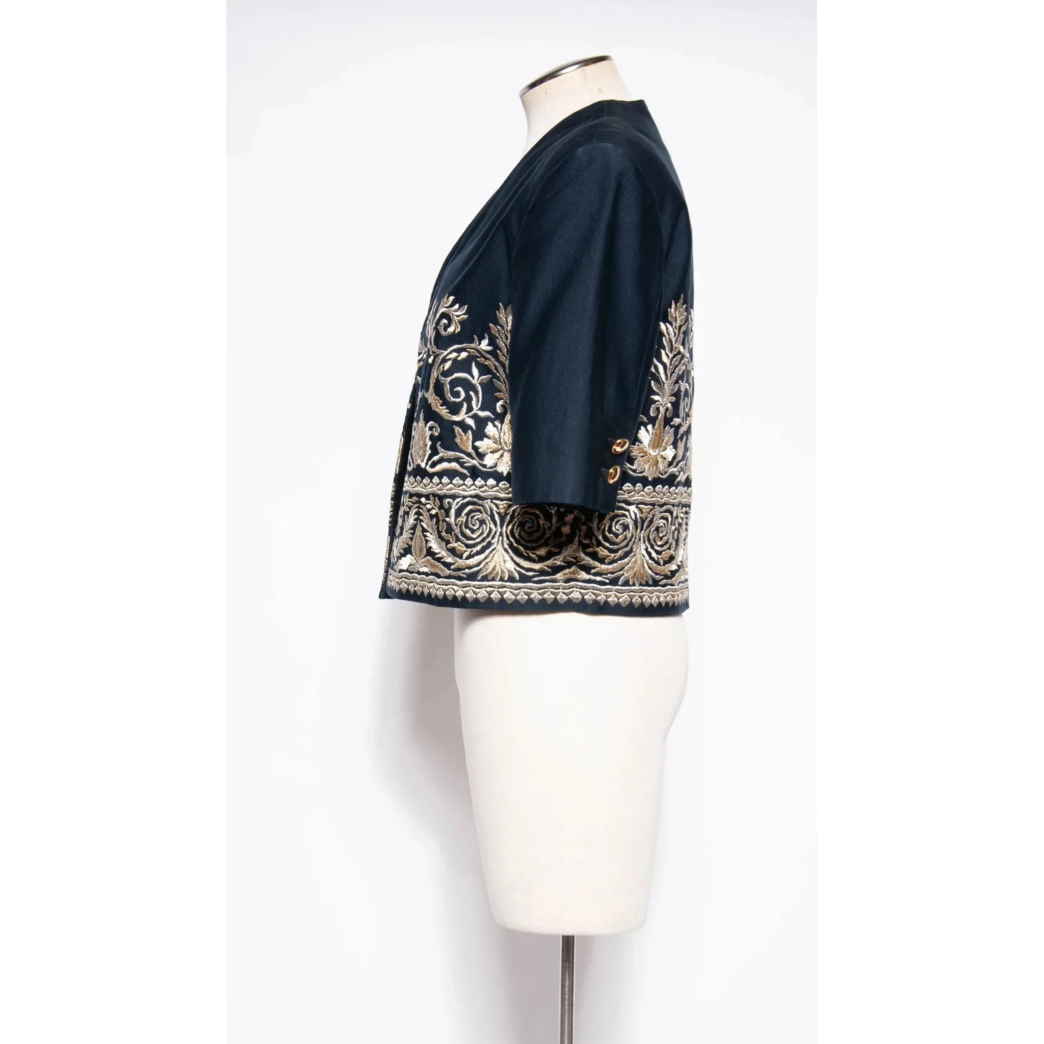 BYBLOS Vintage Navy Cotton Cropped Jacket with Gold and Silver Embroidery | Large