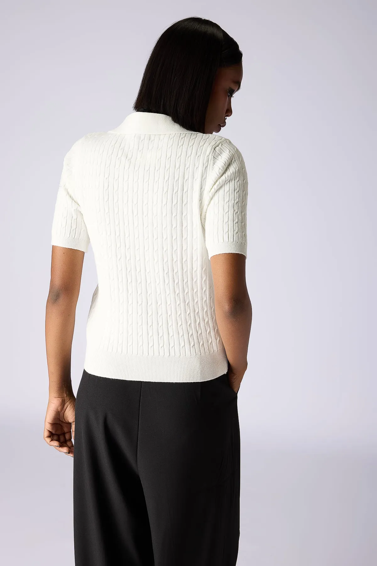 Cable-Knit Polo Top - White