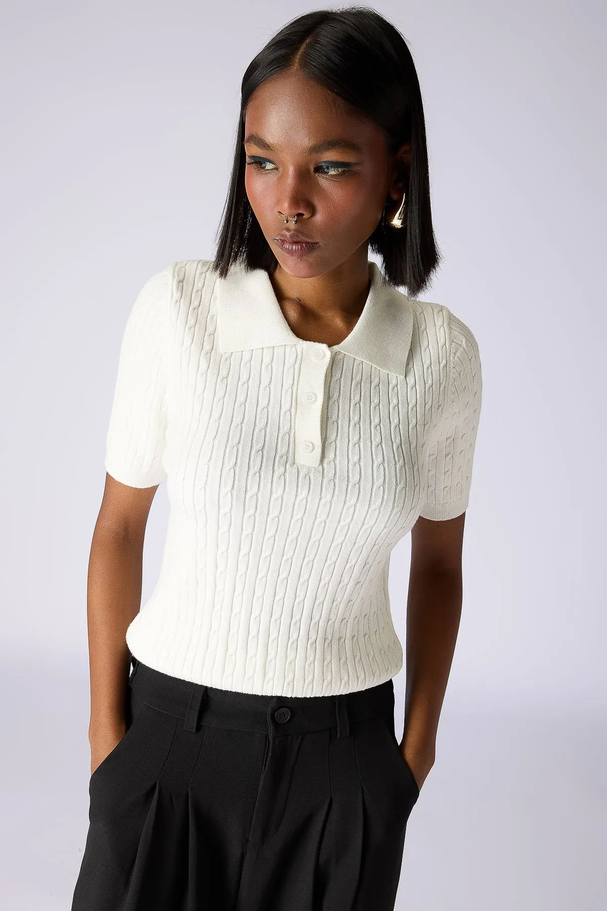 Cable-Knit Polo Top - White