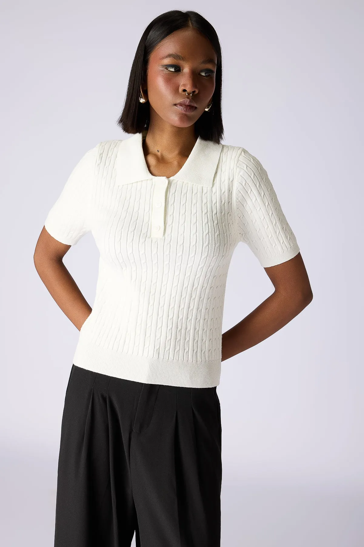 Cable-Knit Polo Top - White