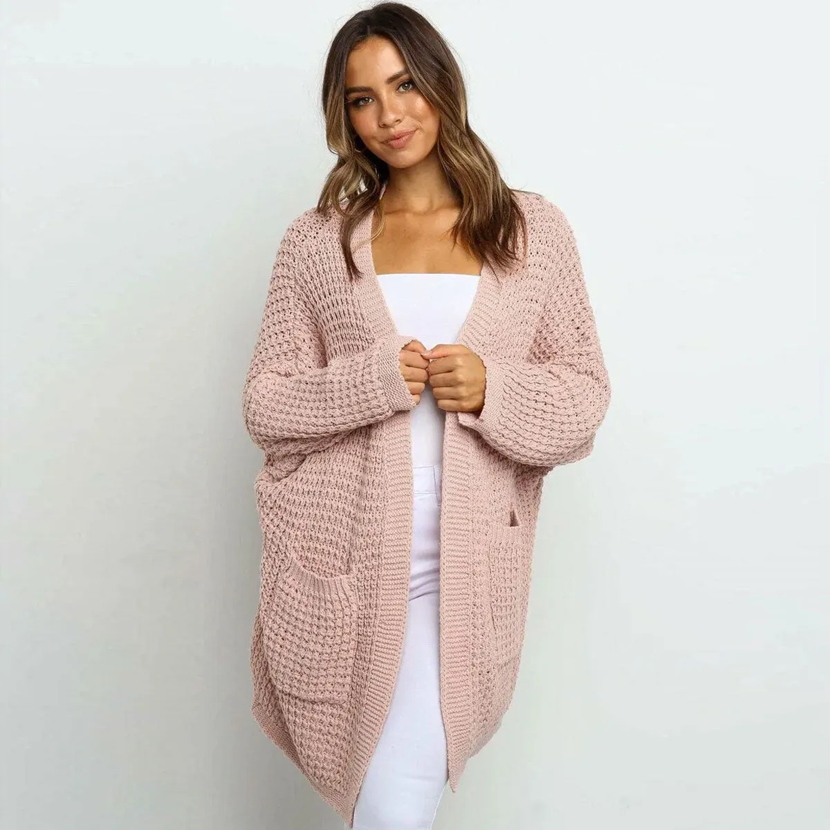 Casual Open Front Drop Shoulder Crochet Waffle Knit Cardigan