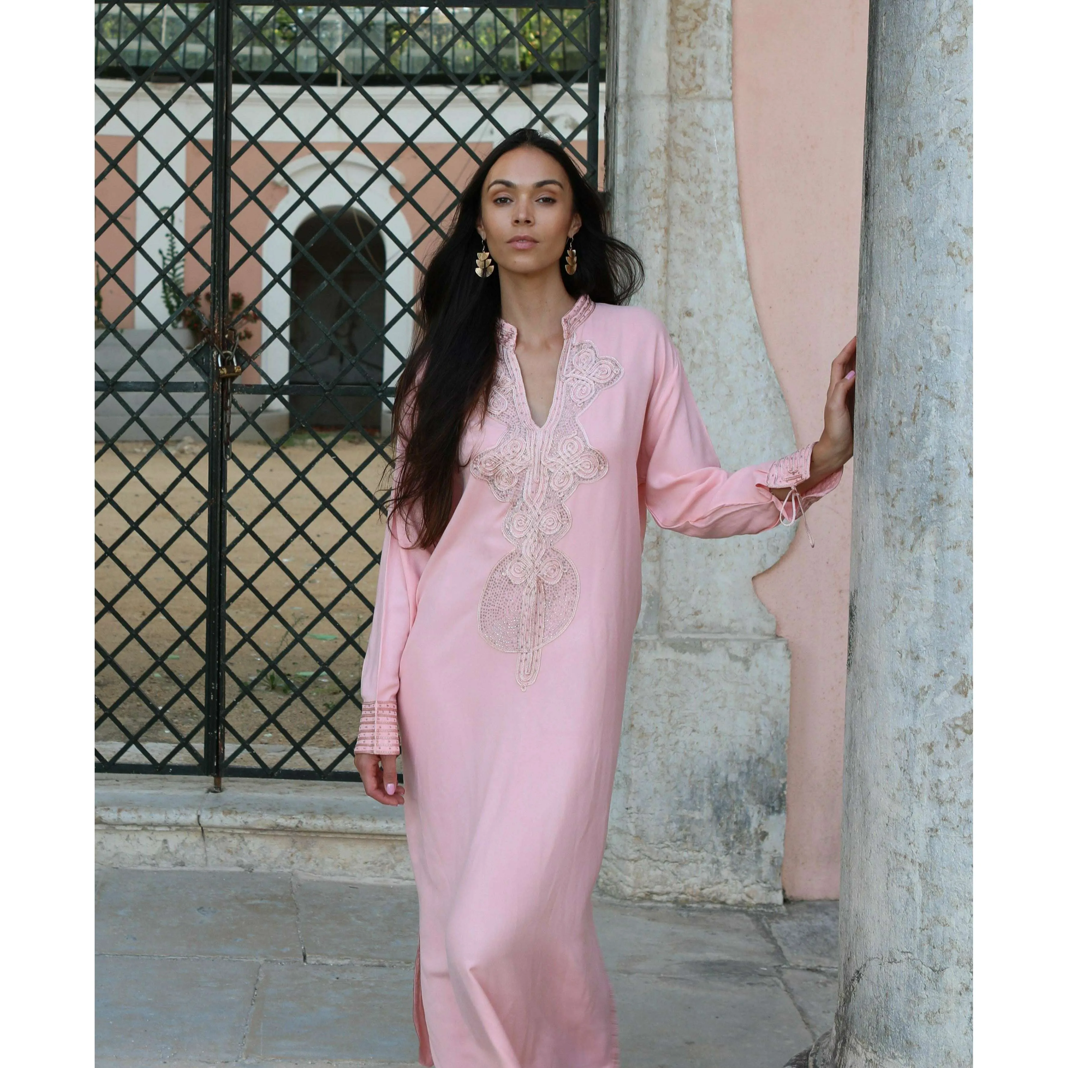 Champagne Pink Embroidered Moroccan Aisha Kaftan- Moroccan Kaftan