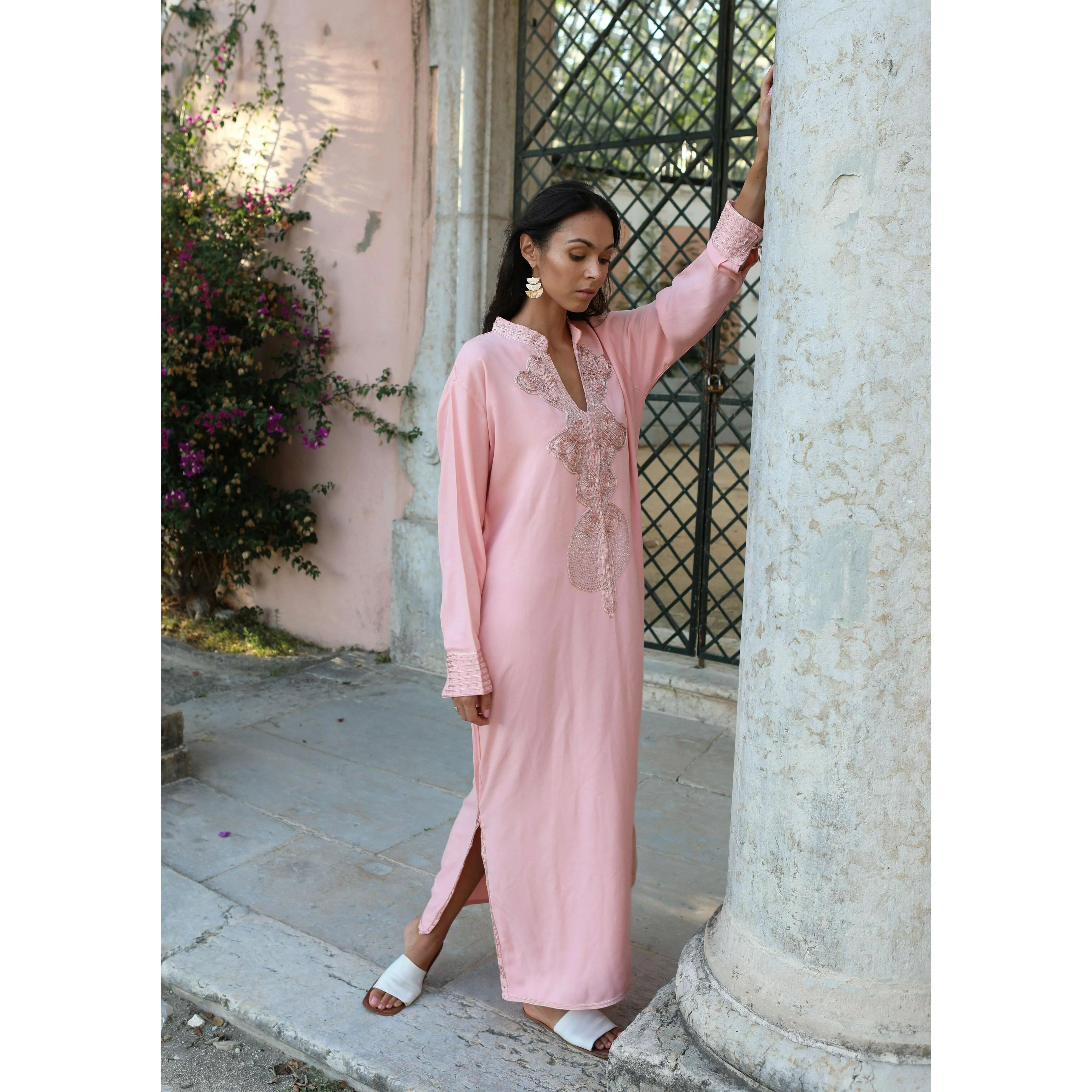 Champagne Pink Embroidered Moroccan Aisha Kaftan- Moroccan Kaftan