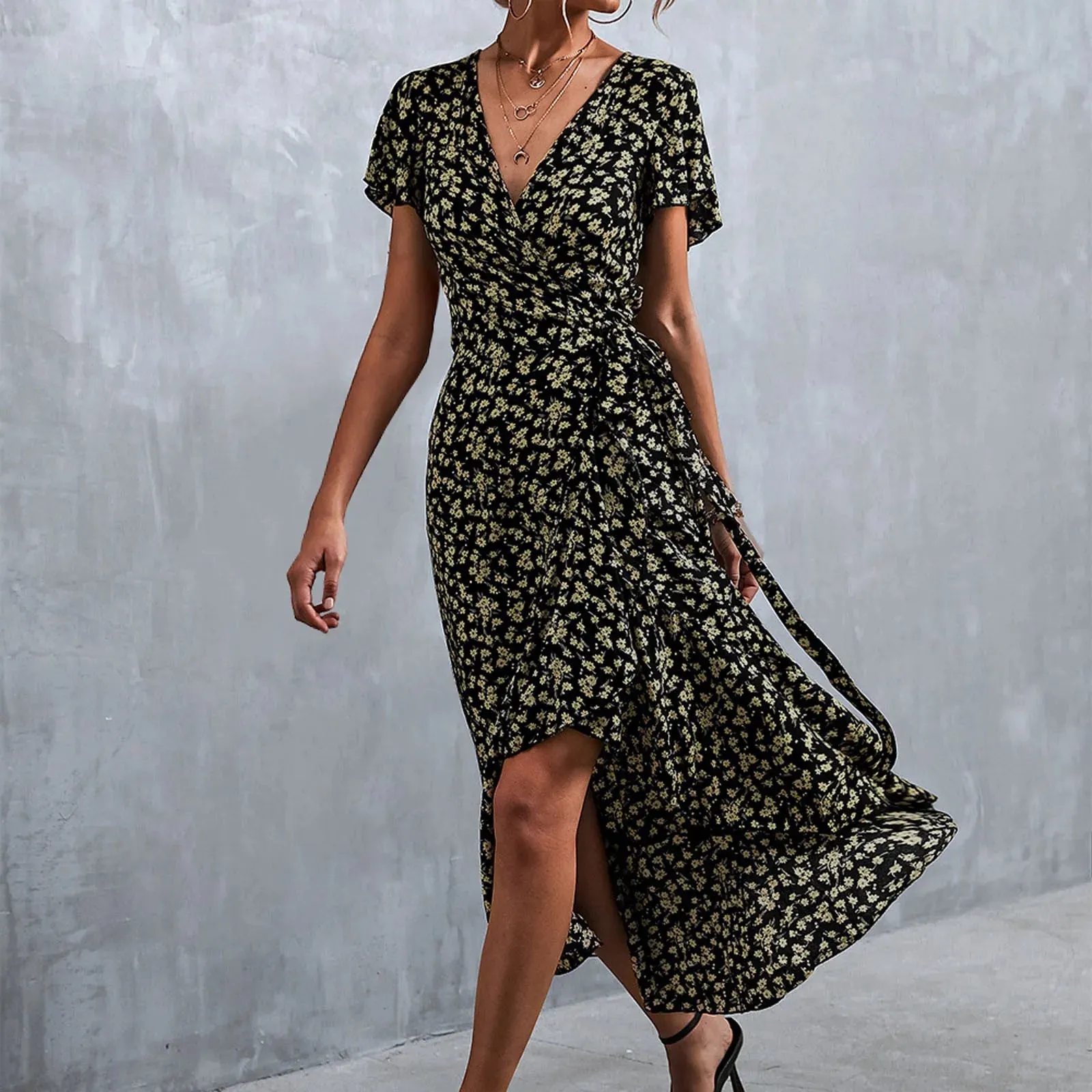 Chic Summer V Neck Short Sleeve Split Wrap Floral Maxi Waist Tie Casual Flowy Long Boho Beach Femme Robe Dress