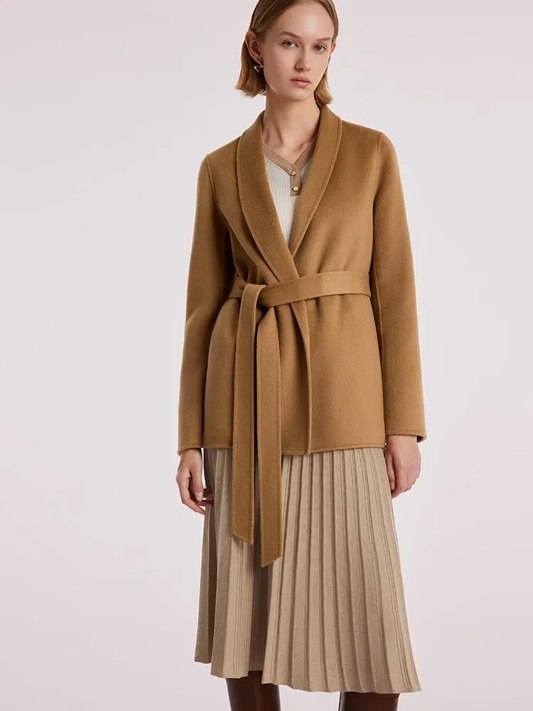 Coffee Pure Cashmere Wrapped Short Women Coat