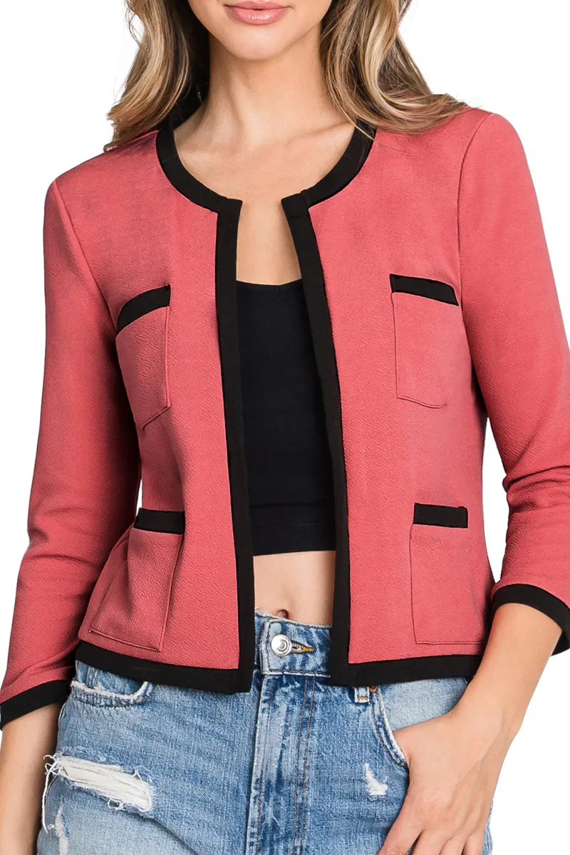 COLLARLESS LONG SLEEVE OPEN BLAZER