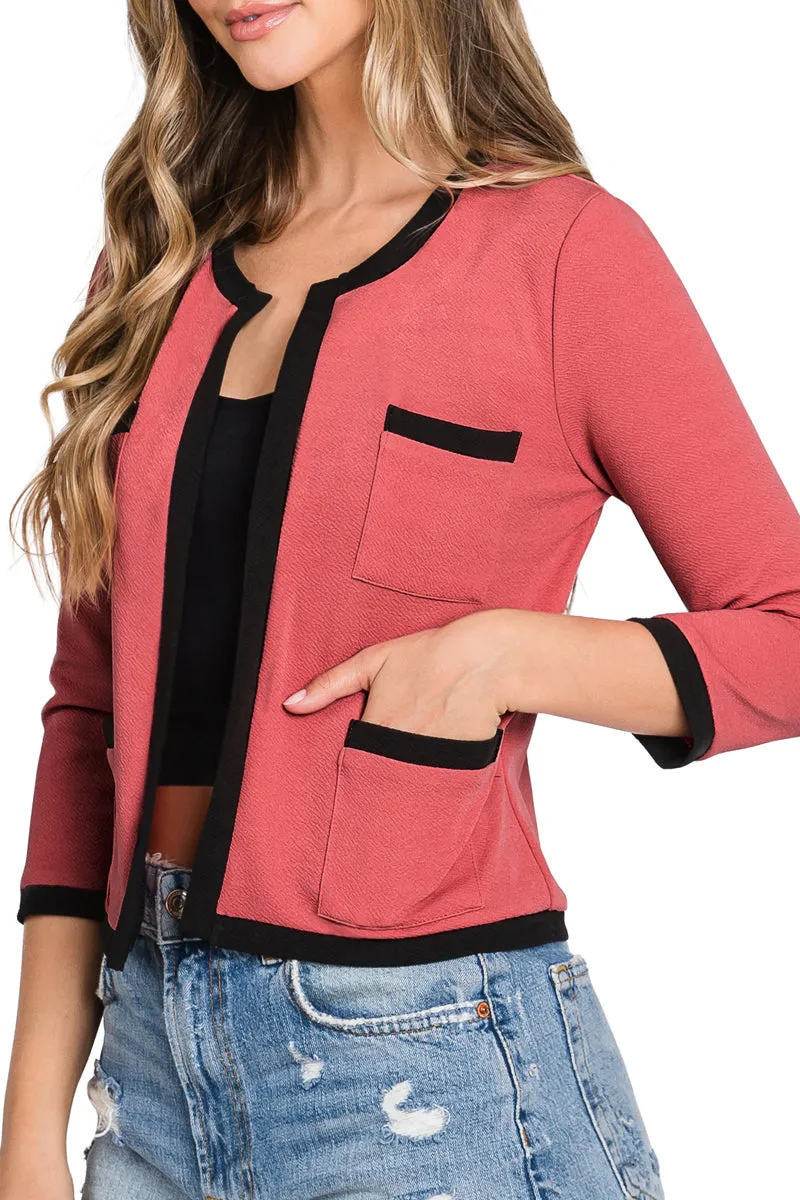 COLLARLESS LONG SLEEVE OPEN BLAZER