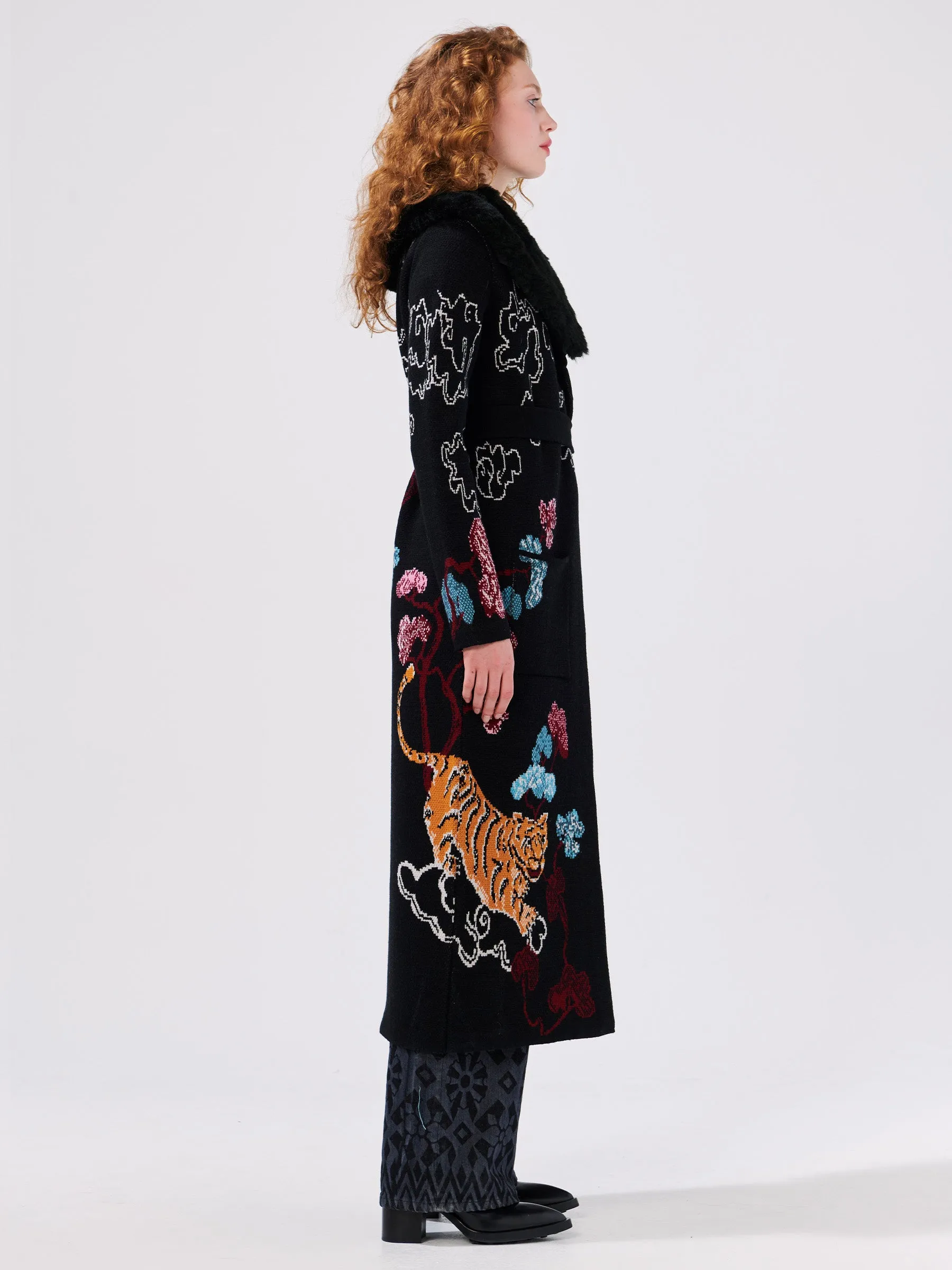 Courageous Tiger Faux Fur Merino Jacquard Long Cardigan