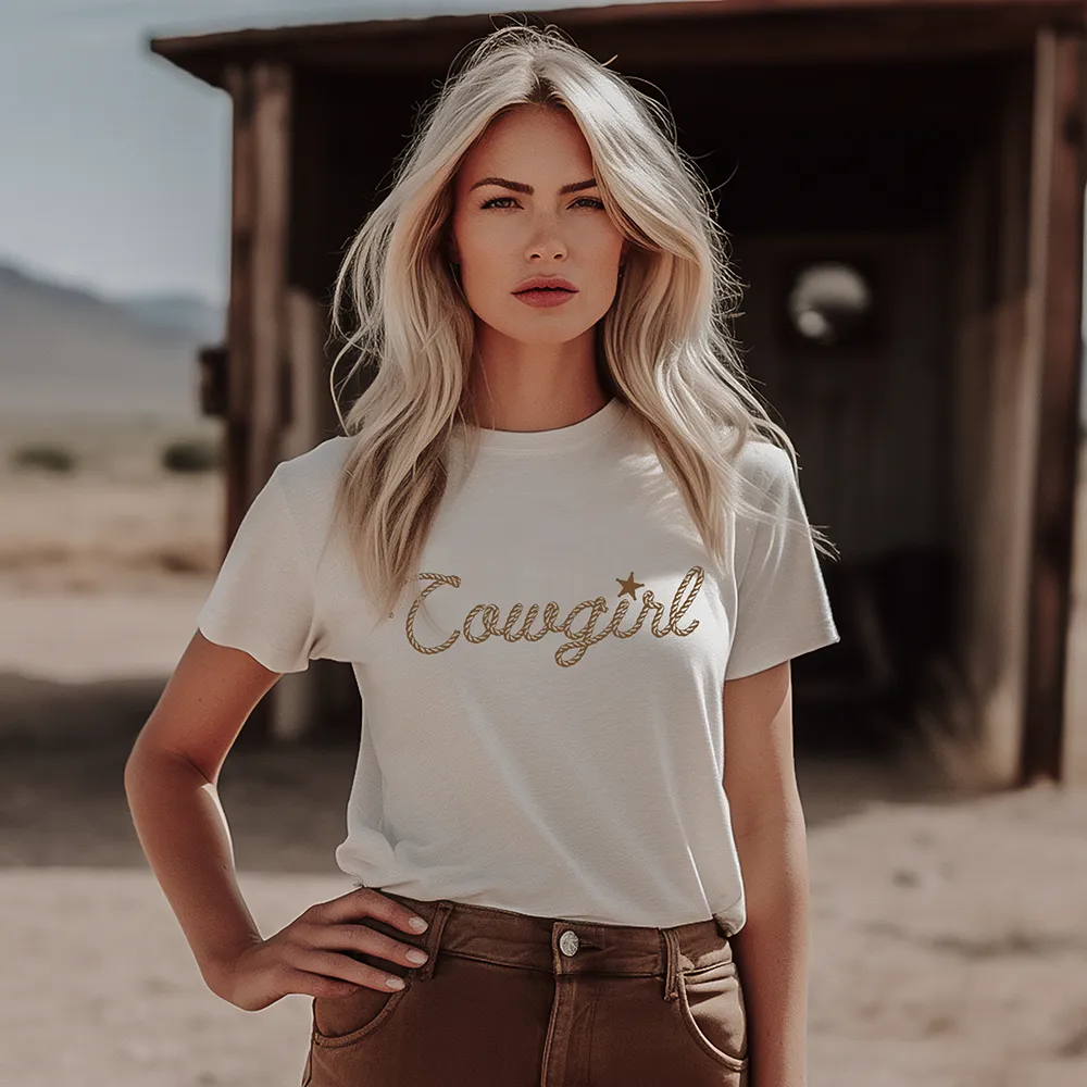 Cowgirl in Rope Graphic Tee Shirt for Country Girls- Bourbon Cowgirl