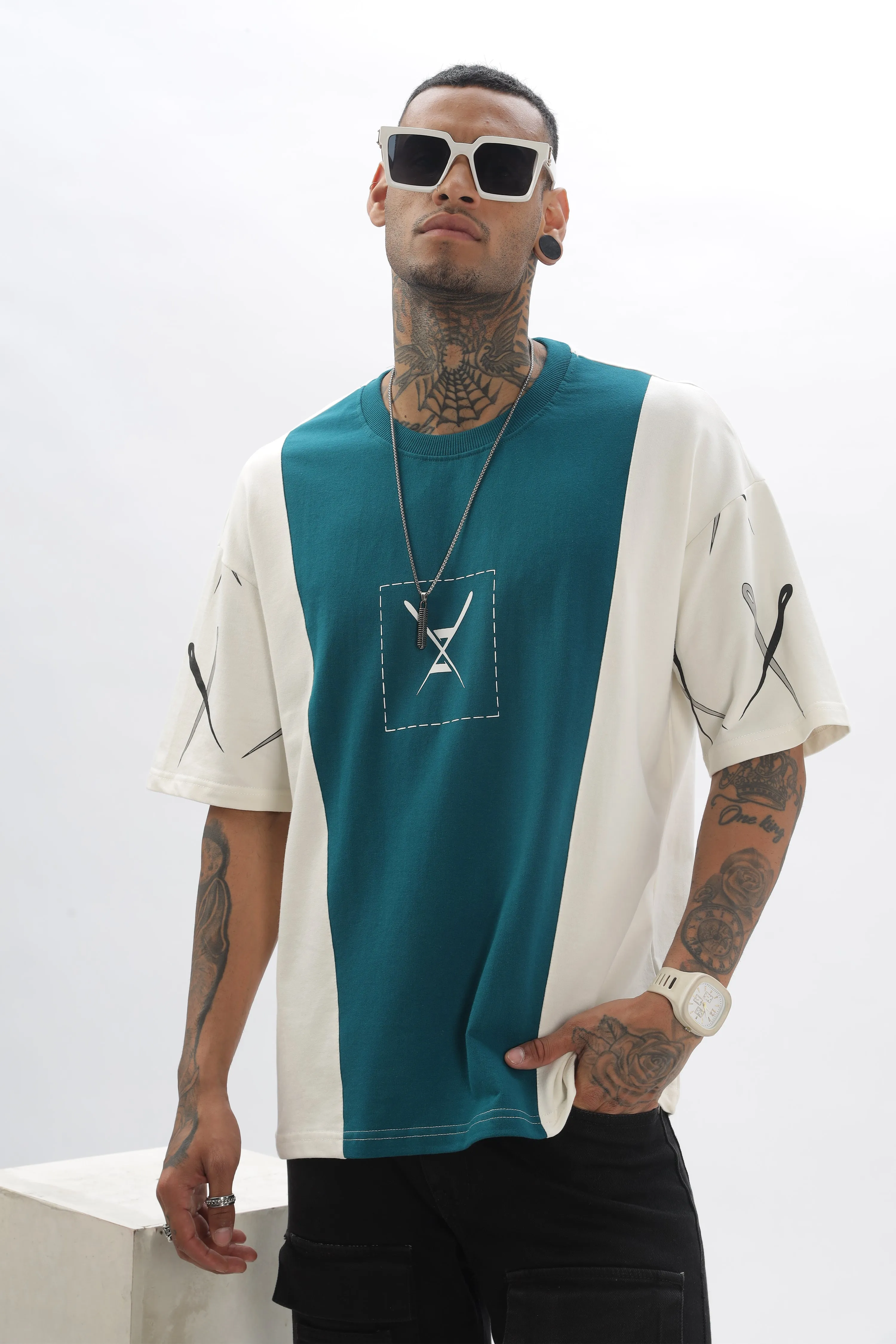 CrossBlock Peacock Green&Cream Dropshoulder Tee