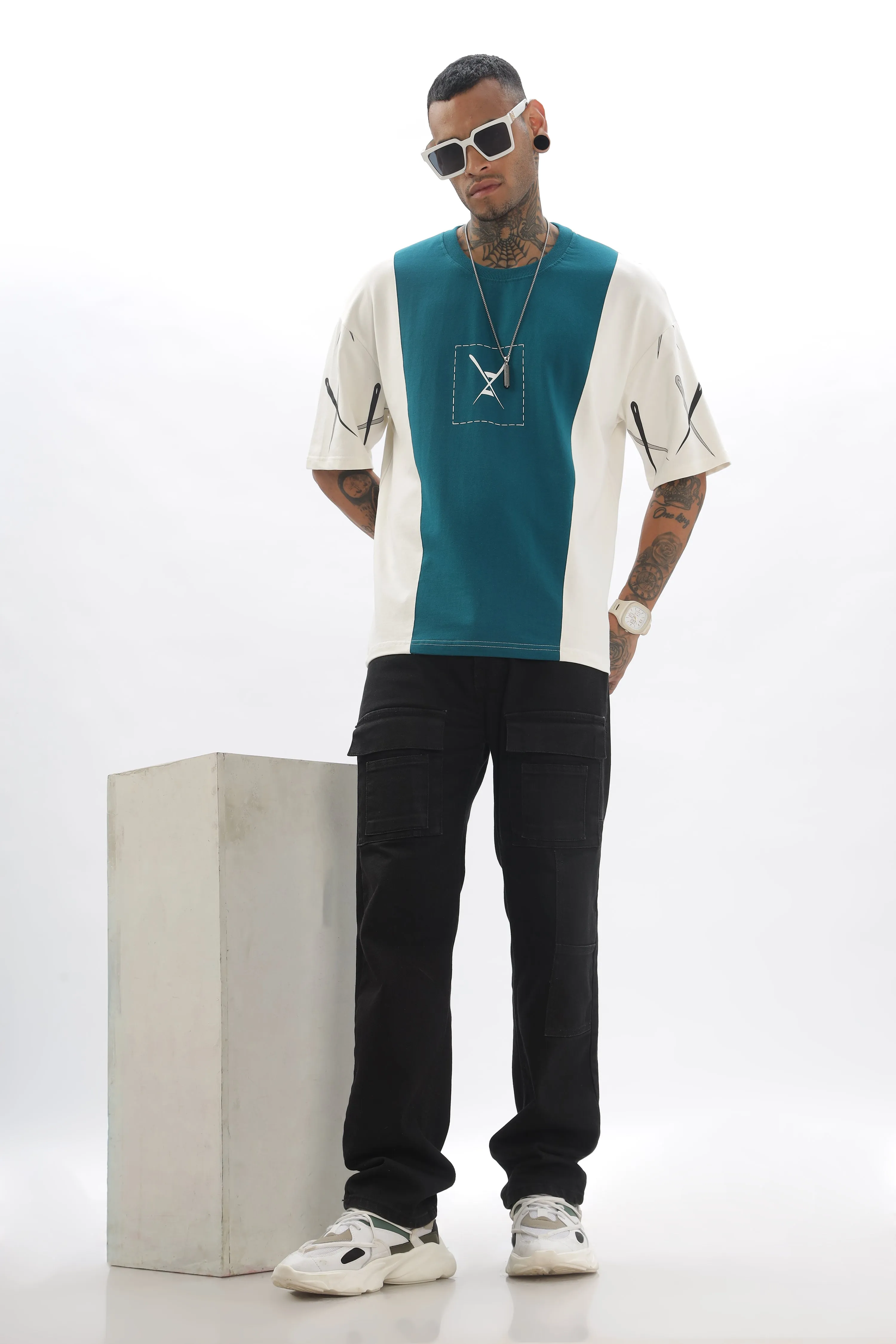 CrossBlock Peacock Green&Cream Dropshoulder Tee