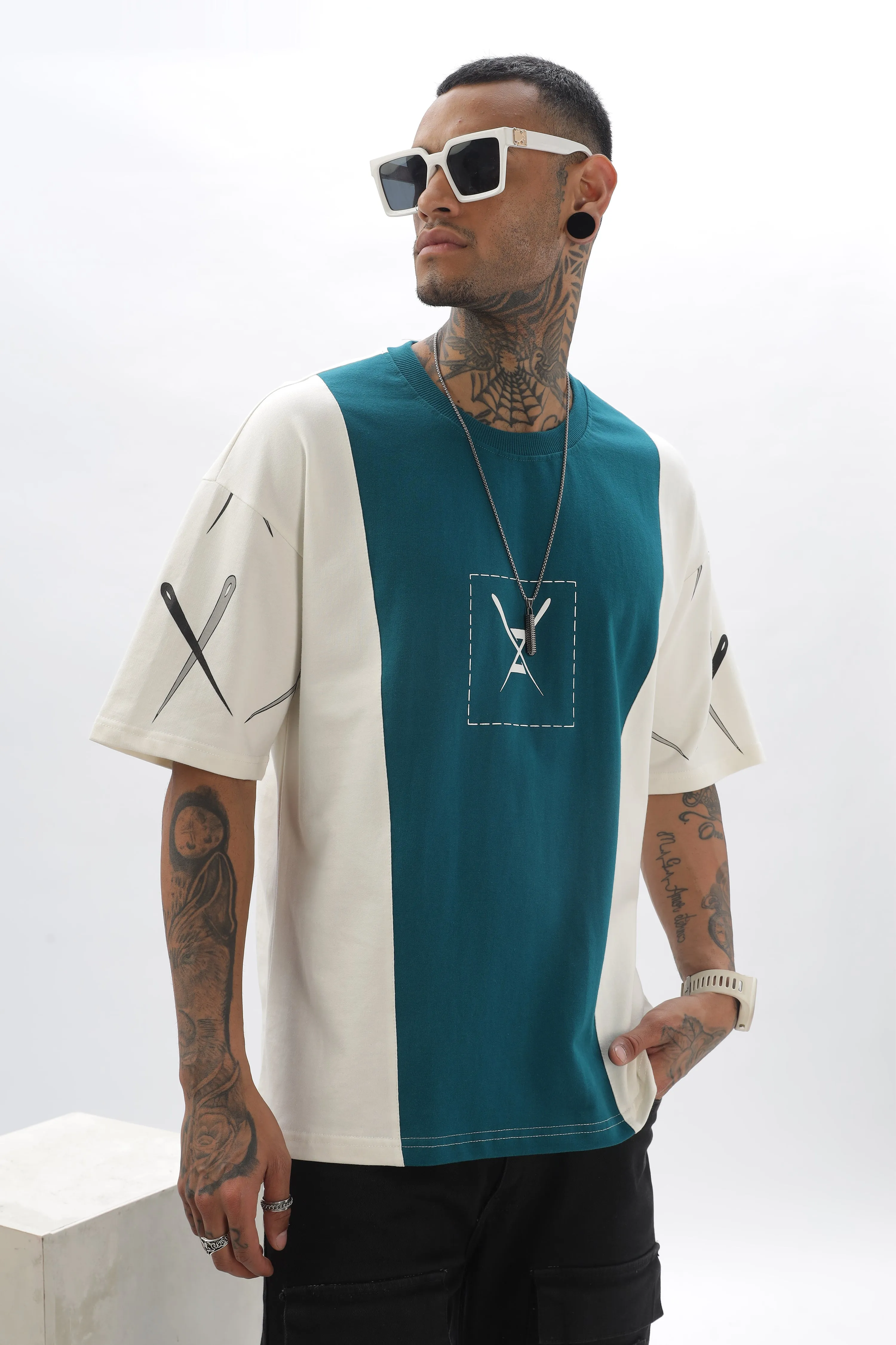 CrossBlock Peacock Green&Cream Dropshoulder Tee