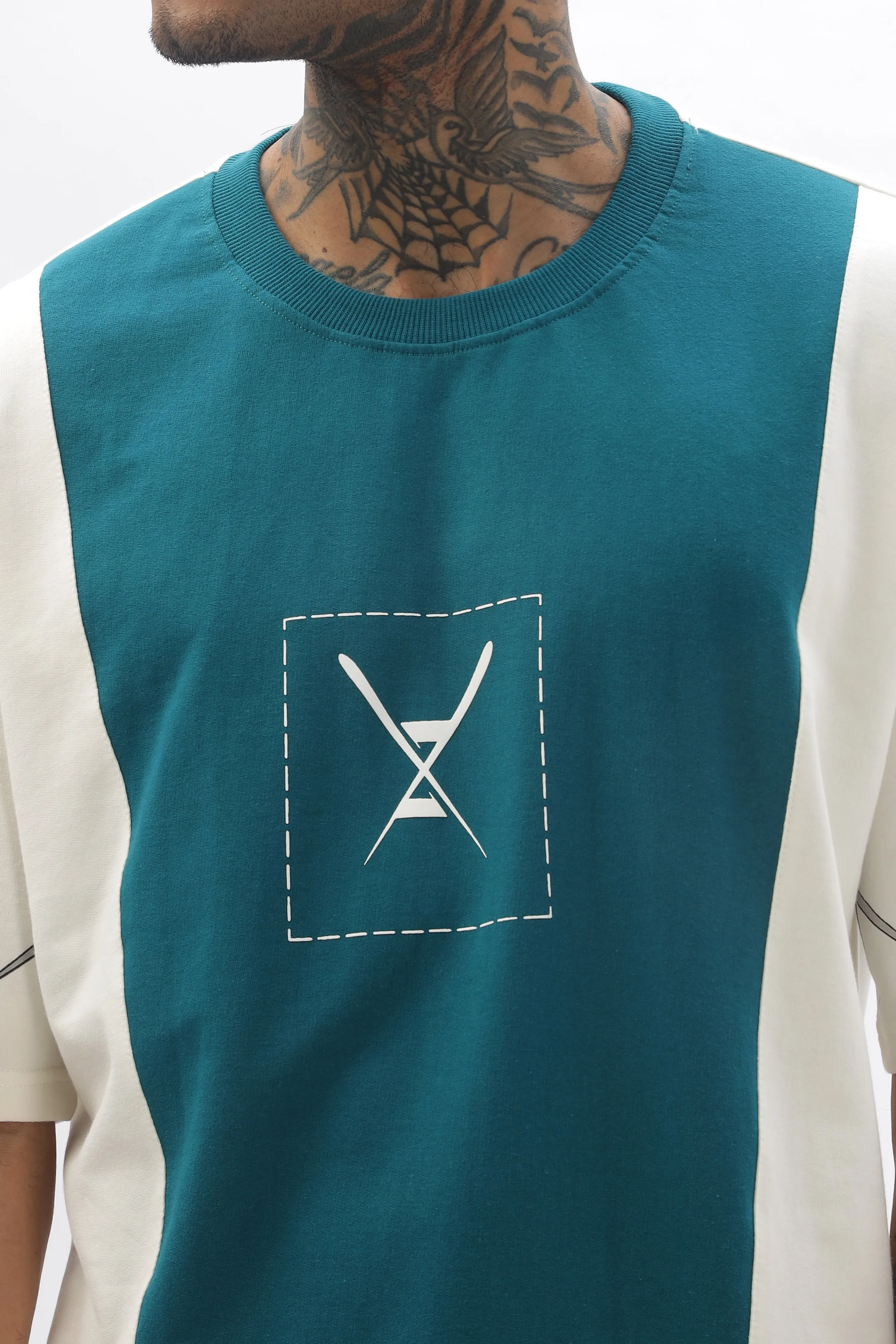 CrossBlock Peacock Green&Cream Dropshoulder Tee