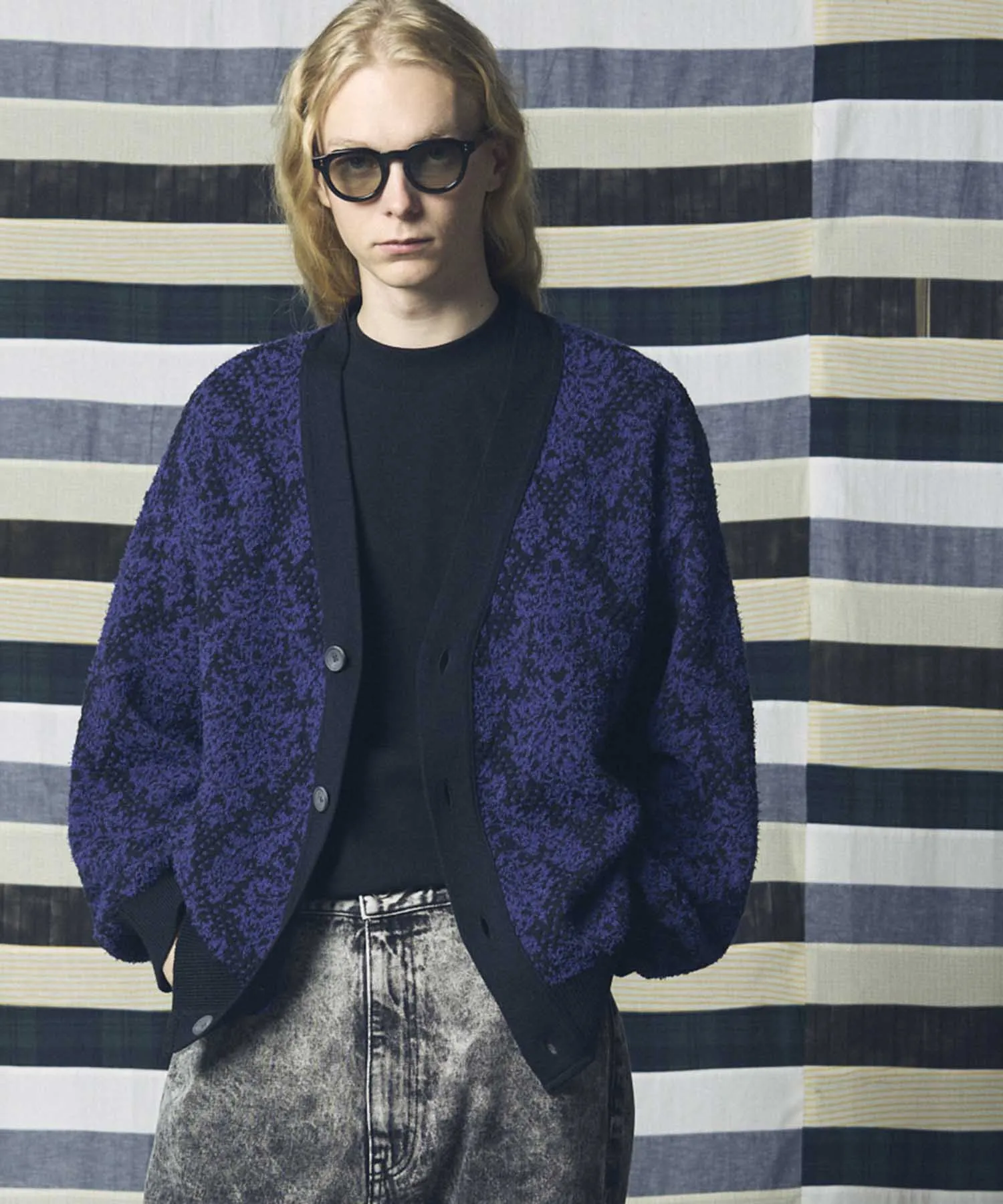 Damask Jacquard Prime-Over V-Neck Knit Cardigan