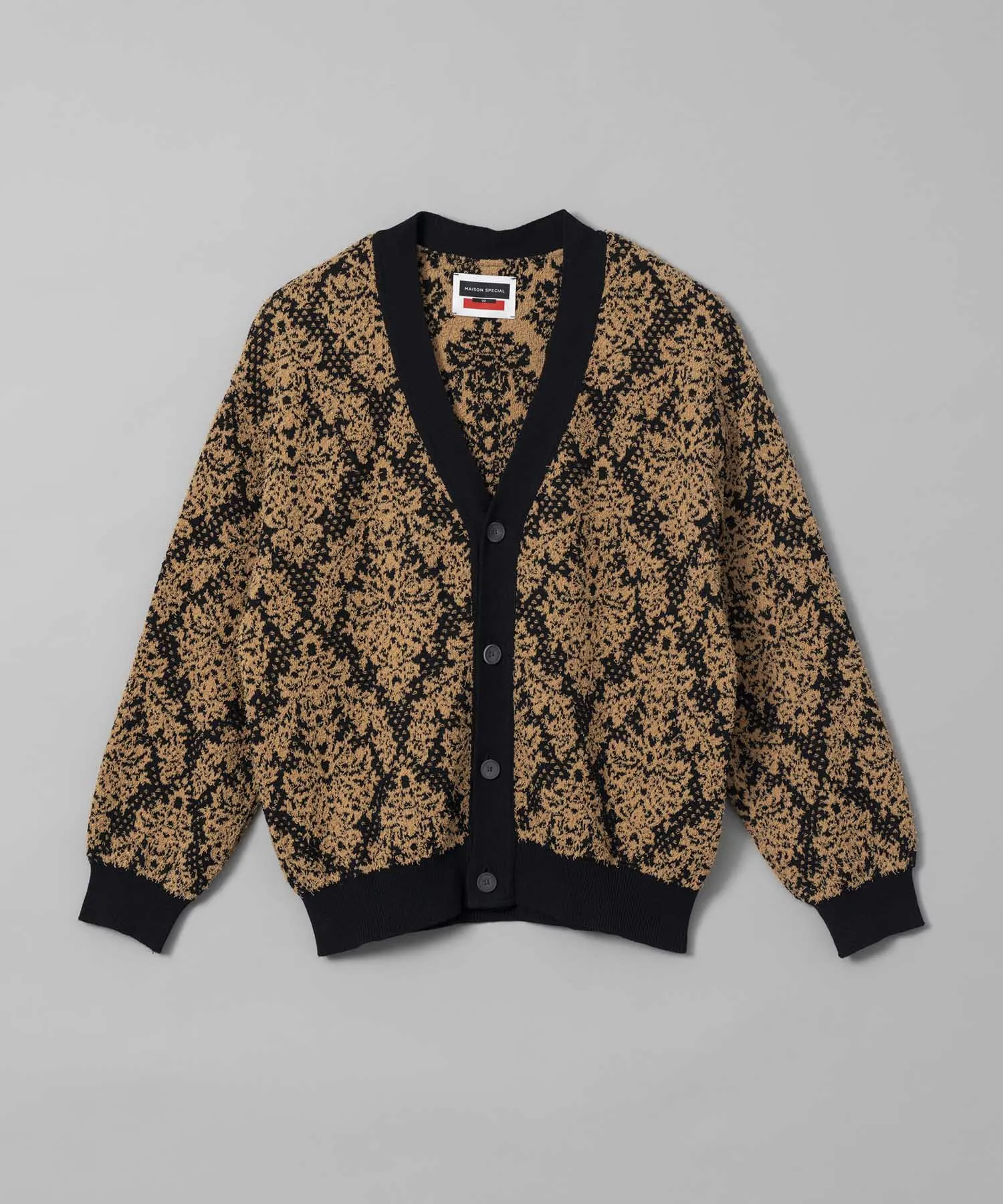 Damask Jacquard Prime-Over V-Neck Knit Cardigan