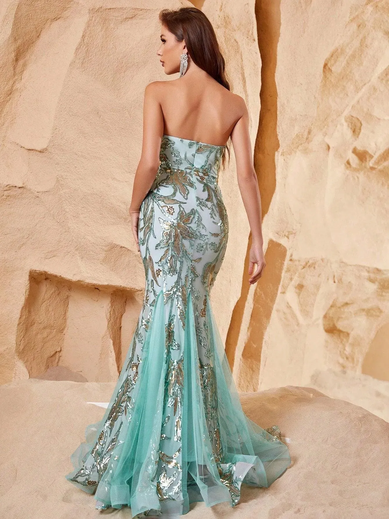 Elegant Mesh Insert Sequin Mermaid Hem Tube Dress