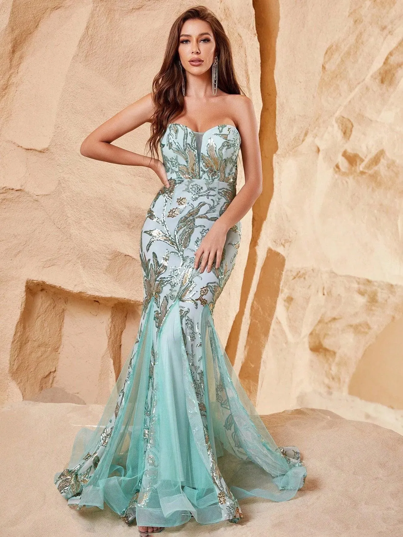 Elegant Mesh Insert Sequin Mermaid Hem Tube Dress