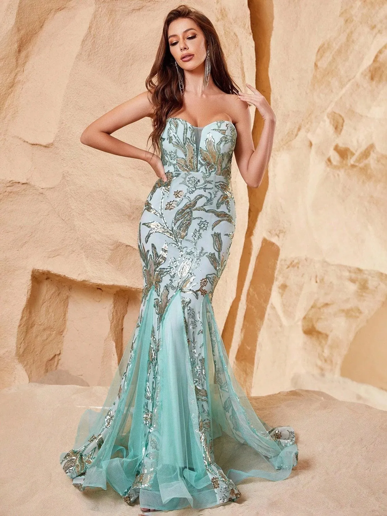 Elegant Mesh Insert Sequin Mermaid Hem Tube Dress