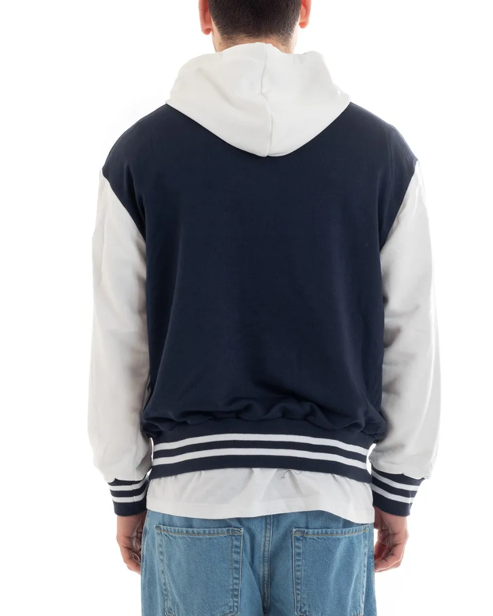 Felpa Uomo Giubbotto College Varsity Stampa Bicolore Cappuccio Blu Bianco GIOSAL-F2967A