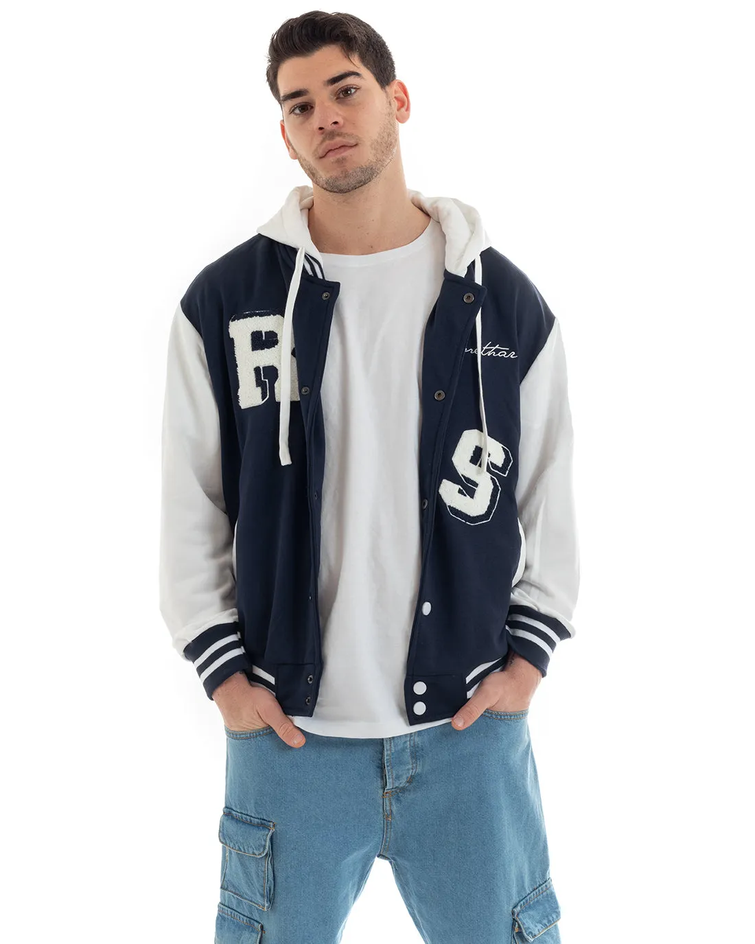 Felpa Uomo Giubbotto College Varsity Stampa Bicolore Cappuccio Blu Bianco GIOSAL-F2967A