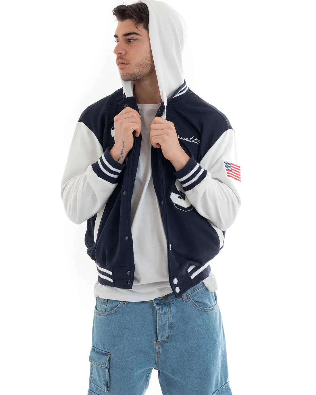 Felpa Uomo Giubbotto College Varsity Stampa Bicolore Cappuccio Blu Bianco GIOSAL-F2967A