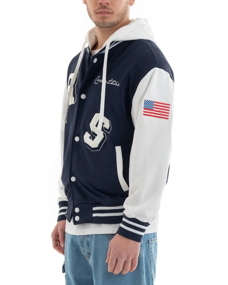 Felpa Uomo Giubbotto College Varsity Stampa Bicolore Cappuccio Blu Bianco GIOSAL-F2967A