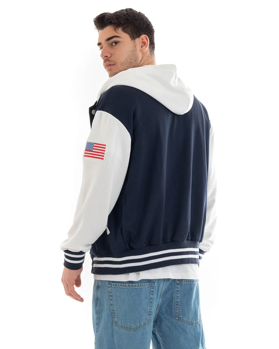 Felpa Uomo Giubbotto College Varsity Stampa Bicolore Cappuccio Blu Bianco GIOSAL-F2967A