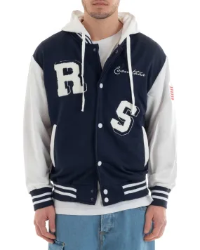 Felpa Uomo Giubbotto College Varsity Stampa Bicolore Cappuccio Blu Bianco GIOSAL-F2967A