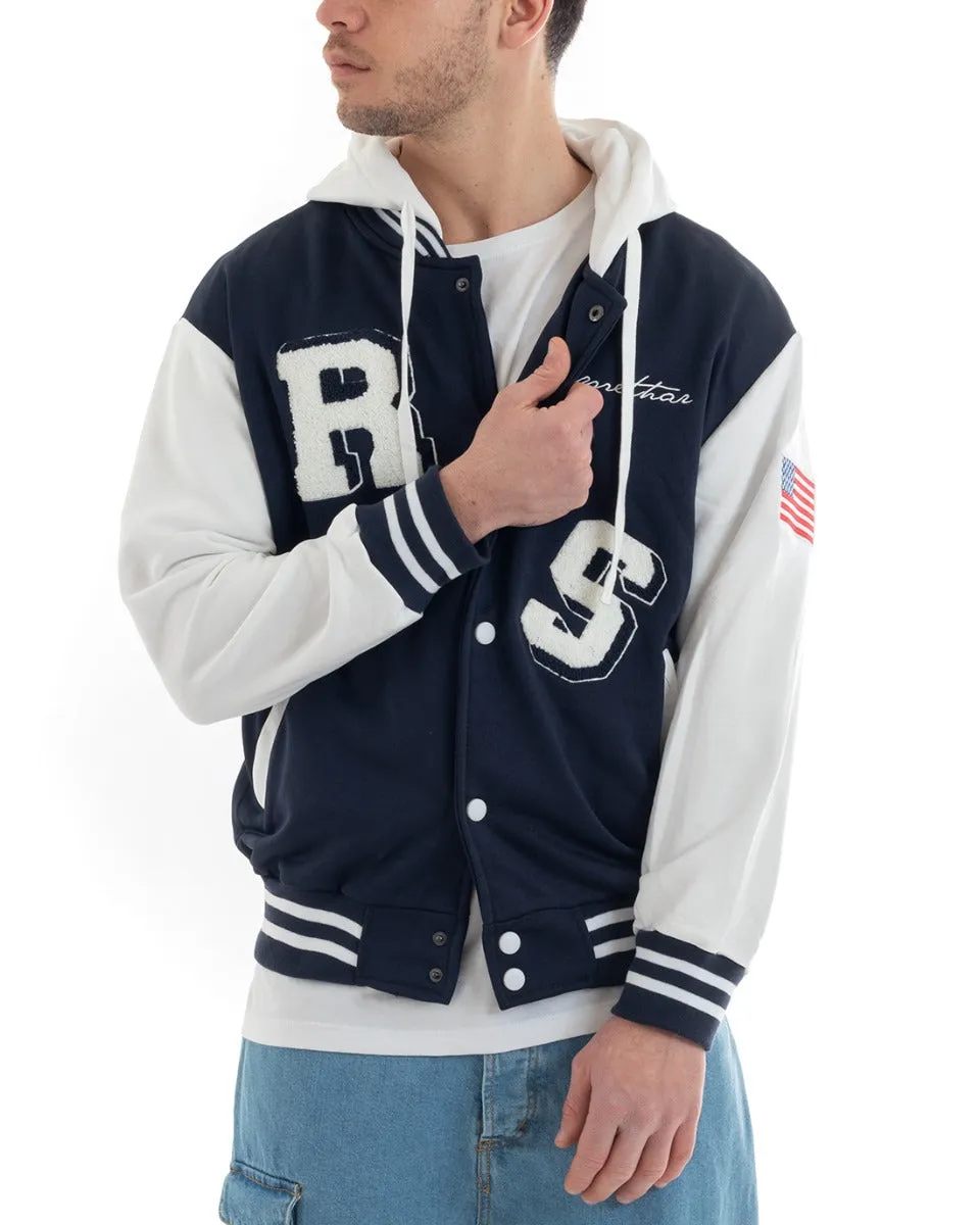 Felpa Uomo Giubbotto College Varsity Stampa Bicolore Cappuccio Blu Bianco GIOSAL-F2967A