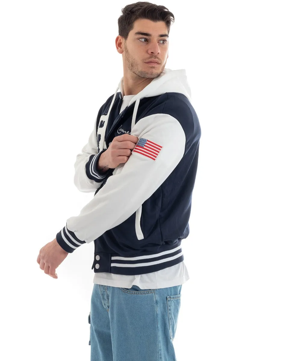 Felpa Uomo Giubbotto College Varsity Stampa Bicolore Cappuccio Blu Bianco GIOSAL-F2967A