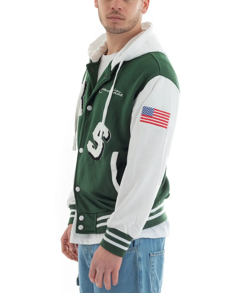 Felpa Uomo Giubbotto College Varsity Stampa Bicolore Cappuccio Verde Bianco GIOSAL-F2969A