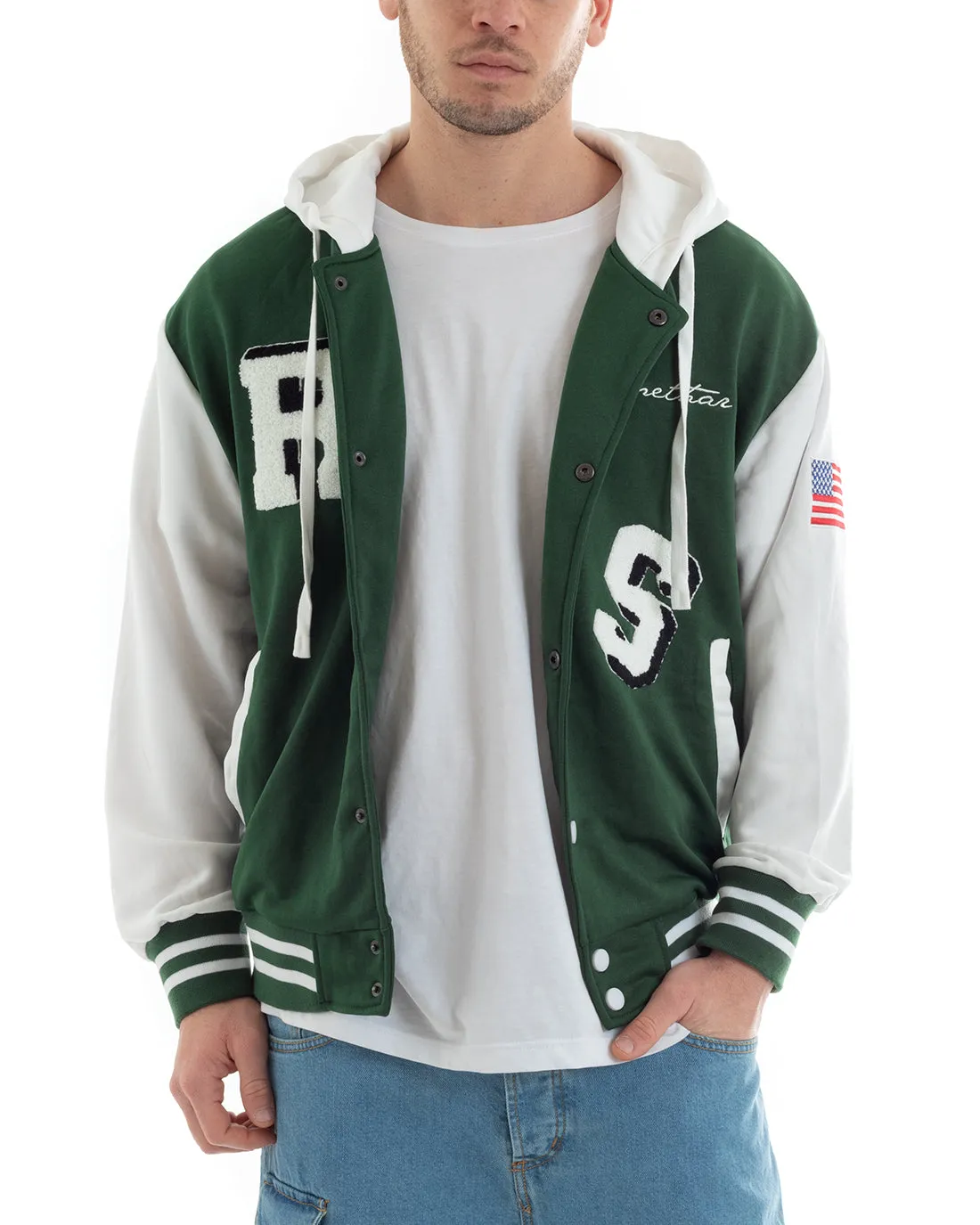 Felpa Uomo Giubbotto College Varsity Stampa Bicolore Cappuccio Verde Bianco GIOSAL-F2969A