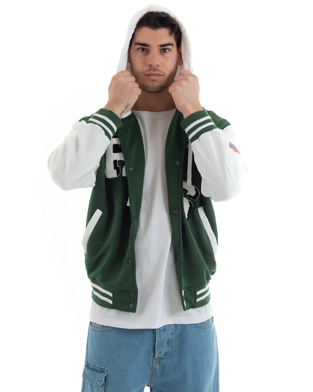 Felpa Uomo Giubbotto College Varsity Stampa Bicolore Cappuccio Verde Bianco GIOSAL-F2969A