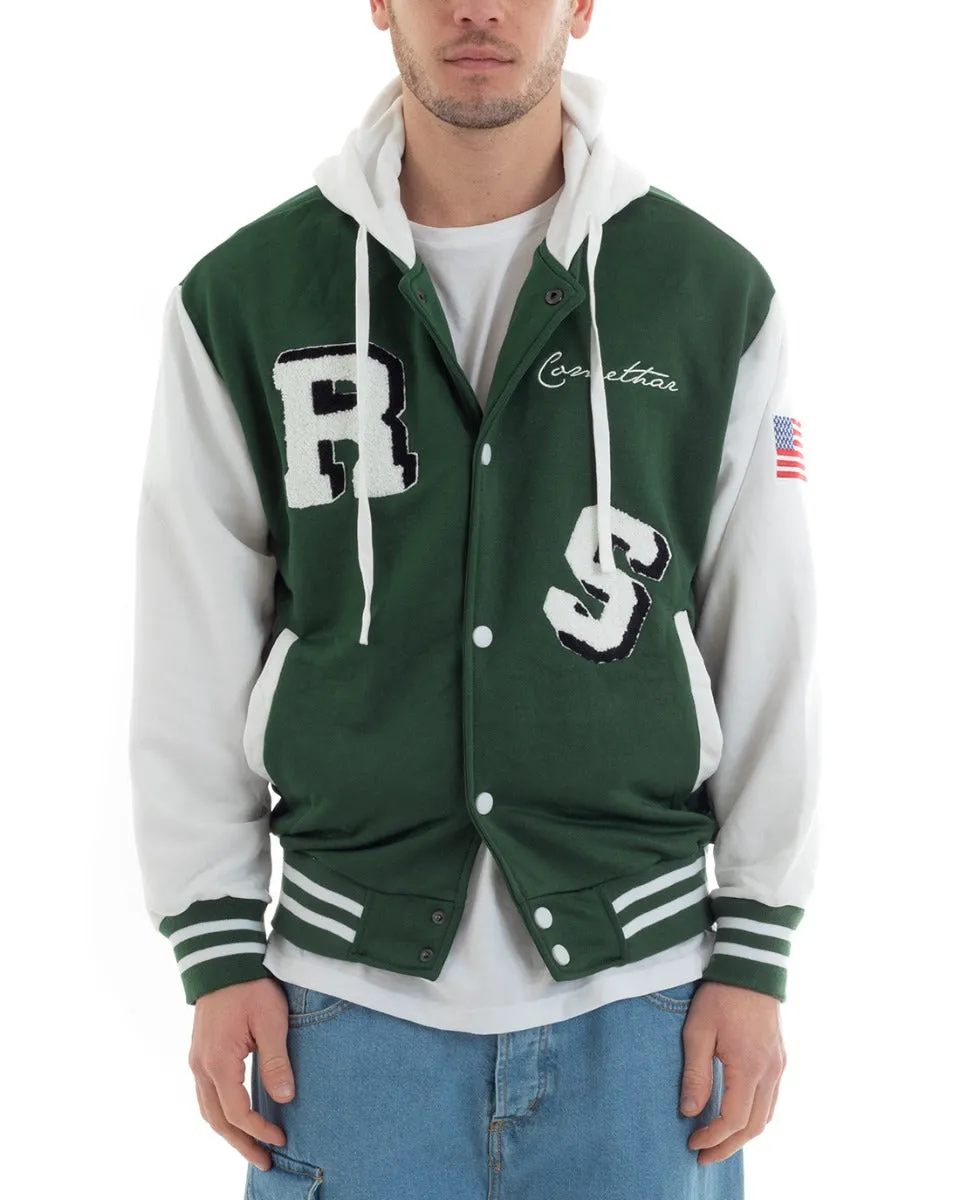 Felpa Uomo Giubbotto College Varsity Stampa Bicolore Cappuccio Verde Bianco GIOSAL-F2969A