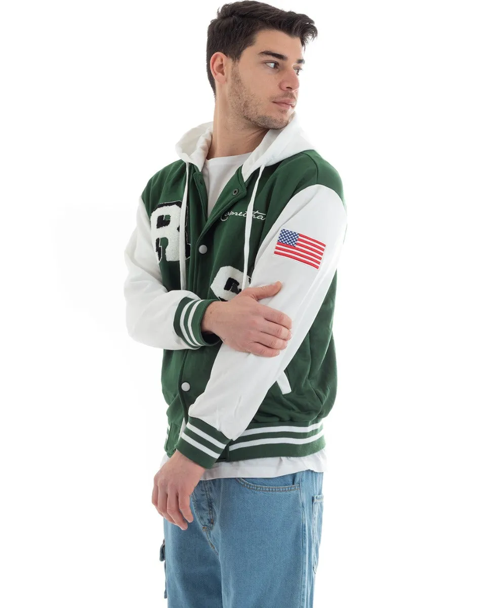 Felpa Uomo Giubbotto College Varsity Stampa Bicolore Cappuccio Verde Bianco GIOSAL-F2969A