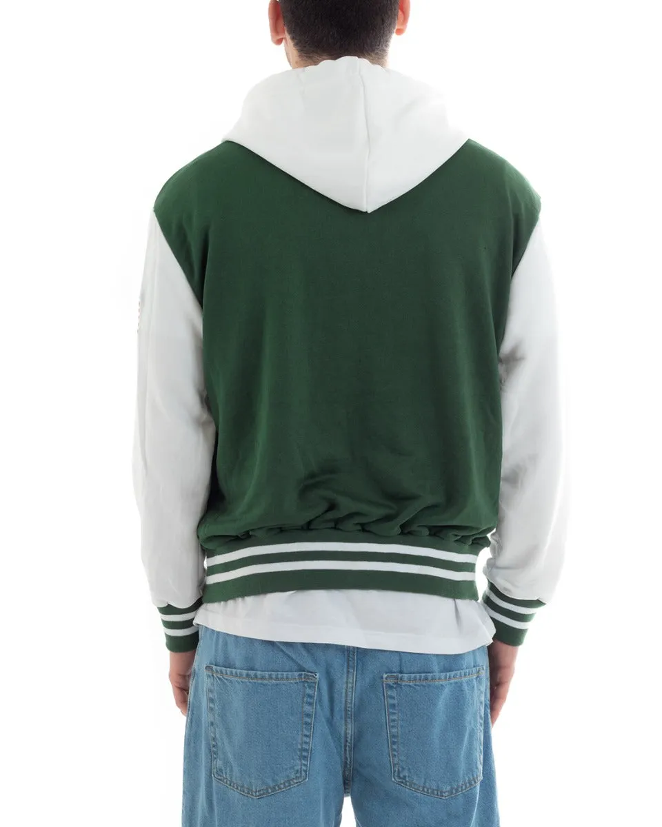 Felpa Uomo Giubbotto College Varsity Stampa Bicolore Cappuccio Verde Bianco GIOSAL-F2969A