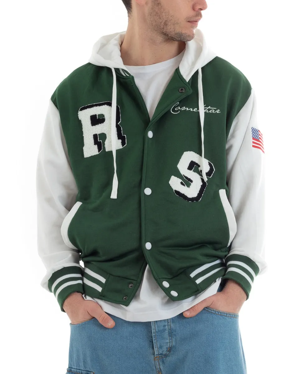 Felpa Uomo Giubbotto College Varsity Stampa Bicolore Cappuccio Verde Bianco GIOSAL-F2969A