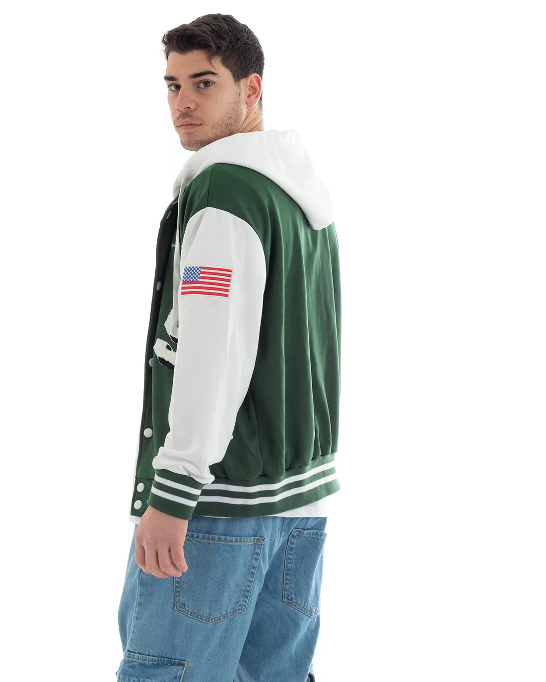 Felpa Uomo Giubbotto College Varsity Stampa Bicolore Cappuccio Verde Bianco GIOSAL-F2969A