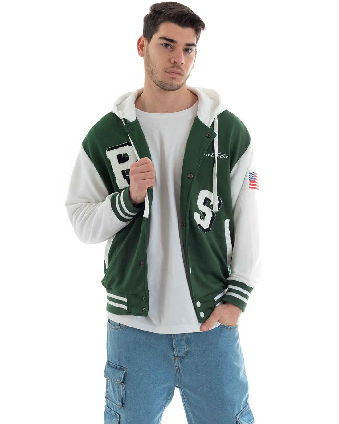 Felpa Uomo Giubbotto College Varsity Stampa Bicolore Cappuccio Verde Bianco GIOSAL-F2969A