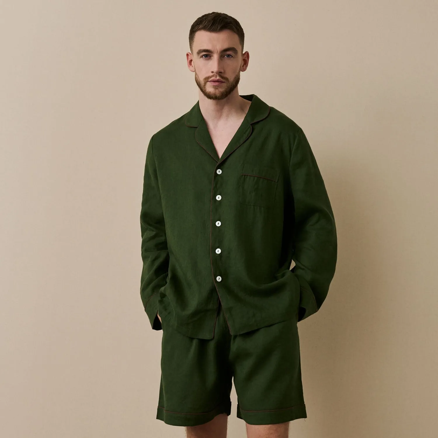 Fern Green Linen Men's Pyjama Short Set