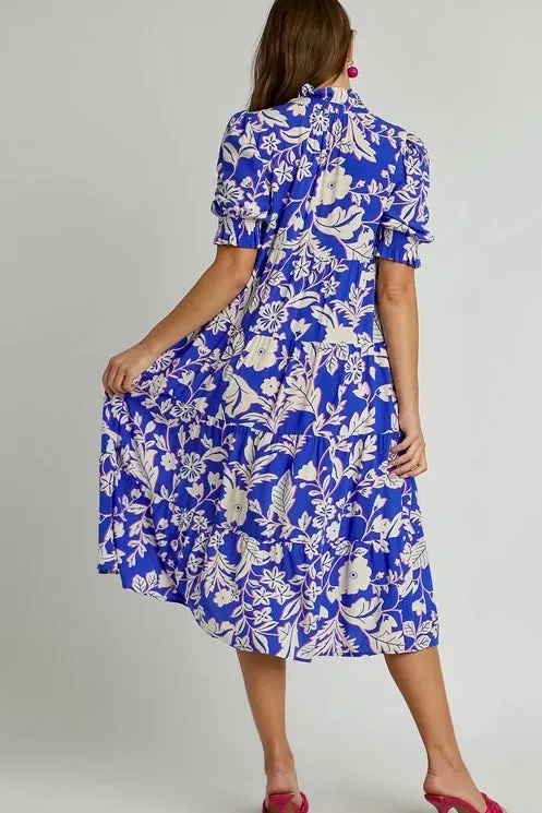 Floral Pattern Maxi Dress with Short Balloon Sleeves- Blue